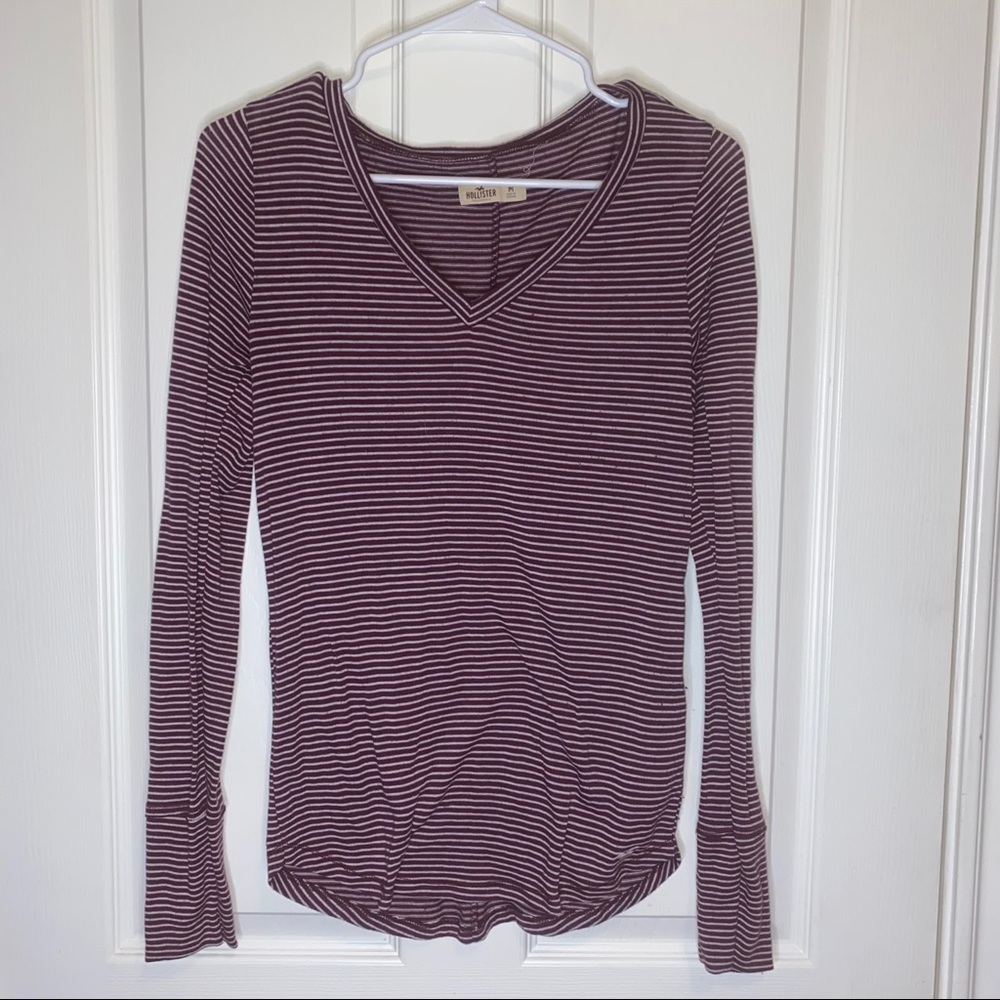 Hollister Maroon & White Long Sleeve Stripe Shirt